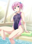  1girl blue_eyes e20 goggles hair_ribbon kantai_collection legs one-piece_swimsuit pink_hair ponytail pool poolside ribbon shiranui_(kantai_collection) short_hair sitting solo swimsuit towel water 