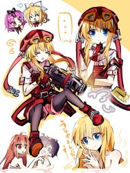  1boy 25ocoveryui 3girls absurdres blonde_hair eiyuu_densetsu estelle_bright goggles goggles_on_head goggles_on_headwear highres joshua_bright long_hair multiple_girls overalls pantyhose pink_shorts red_overalls renne_(eiyuu_densetsu) shorts smile sora_no_kiseki tita_russell tool_belt tools 