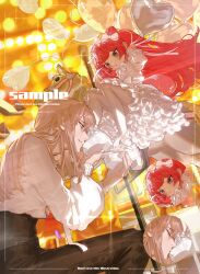  1boy 1girl absurdres balloon black_pants blurry blurry_background blush bow bowtie brown_hair carousel closed_mouth commission depth_of_field dress english_text frilled_dress frills from_below hair_bow hairband heart_balloon hetero high_heels highres holding holding_another's_foot holding_balloon inset_border kissing_foot long_hair long_sleeves looking_at_another looking_down mau_sakura open_mouth original pants pantyhose parted_lips petticoat profile puffy_long_sleeves puffy_sleeves red_hair ribbon sample_watermark shirt shoes sidelocks sitting skirt smile sparkle twintails very_long_hair violet_eyes watermark white_bow white_bowtie white_dress white_pantyhose white_shirt white_shoes 