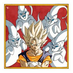  5boys blonde_hair blue_shirt border commentary_request dragon_ball dragon_ball_z ghost gloves group_picture highres kakeru_(dbskakeru) majin_buu male_focus medium_hair multiple_boys muscular muscular_male orange_shirt red_background shirt spiky_hair super_buu super_saiyan super_saiyan_1 upper_body vegetto white_border white_gloves 