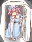  1girl :t breasts geta hat highres japanese_clothes kamo_(yokaze) long_sleeves pink_eyes pink_hair refrigerator ribbon saigyouji_yuyuko short_hair solo touhou triangular_headpiece wide_sleeves 