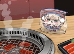  1girl :3 :p bag blush brown_hair chibi drooling food green_eyes indie_virtual_youtuber kakue_gaku meat plastic_bag shigure_ui_(1st_costume)_(vtuber) shigure_ui_(vtuber) tongue tongue_out virtual_youtuber yakiniku ziploc_bag 