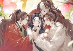  4boys bandage_over_one_eye black_hair black_jacket brown_hair closed_eyes closed_mouth earrings hanafuda hanafuda_earrings haori high_ponytail highres jacket japanese_clothes jewelry kimetsu_no_yaiba kimono long_hair male_focus multiple_boys multiple_persona ponytail profile red_eyes red_haori sal_gun smile spiky_hair sweater tsugikuni_michikatsu tsugikuni_yoriichi upper_body very_long_hair white_sweater yellow_kimono 
