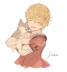  1boy animal blonde_hair character_name child closed_eyes coat cropped_torso dog final_fantasy final_fantasy_xvi hair_between_eyes holding holding_animal holding_dog j2_path light_blush open_mouth red_coat shirt short_hair smile solo torgal_(ff16) upper_body white_shirt wolf 