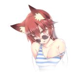  1girl :p animal_ears breasts brown_eyes brown_hair character_request cleavage collarbone elsword fox_ears hair_ornament hairclip kuro_(kuronell) long_hair off_shoulder simple_background smile solo striped sunglasses tank_top tongue white_background 