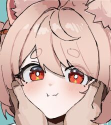  1girl animal_ear_fluff animal_ears bright_pupils closed_mouth furry furry_female green_background hands_on_another's_cheeks hands_on_another's_face long_hair looking_at_viewer minez pink_fur pink_hair portrait pov pov_hands rabbit_ears rabbit_girl red_eyes simple_background thick_eyebrows white_pupils zenless_zone_zero zhao_(zenless_zone_zero) 