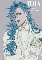  1boy arm_up blue_hair blue_lips bow bowtie commentary_request eyelashes eyeshadow film_grain flower formal_clothes gloves grey_background hagiko_0098 hair_ribbon highres holding holding_flower idia_shroud jacket leaf lipstick long_hair long_sleeves looking_to_the_side makeup male_focus parted_lips ribbon sharp_teeth shirt short_sideburns solo suit_jacket teeth twisted_wonderland twitter_username upper_body wavy_hair white_bow white_bowtie white_flower white_gloves white_jacket white_shirt yellow_eyes 