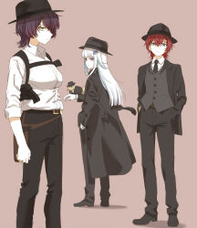  3girls absurdres alternate_costume ange_katrina animal belt bird bird_on_hand black_belt black_coat black_hat black_jacket black_necktie black_pants black_shoes black_suit blue_eyes blue_hair breasts brown_background brown_hair closed_mouth clothed_animal coat coat_on_shoulders collared_shirt colored_inner_hair commentary_request fedora grey_vest group_picture gun hair_ornament hand_in_pocket hand_up handgun hands_in_pockets hat highres holster holstered inui_toko jacket lapels lize_helesta long_bangs long_hair long_sidelocks looking_at_viewer looking_to_the_side medium_breasts medium_hair mihyaeeru monocle multicolored_hair multiple_girls necktie nijisanji notched_lapels open_clothes open_jacket pants profile red_hair sanbaka_(nijisanji) sebastian_piyodore shirt shirt_tucked_in shoes shoulder_holster sidelocks simple_background sleeves_rolled_up slit_pupils split_mouth standing suit two-tone_hair very_long_hair vest violet_eyes virtual_youtuber waistcoat weapon white_hair white_shirt wolf_cut yellow_eyes 