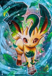  animal_focus brown_eyes brown_fur brown_sclera closed_mouth colored_sclera enryuu_(pixiv3483358) green_fur highres leaf leafeon looking_at_viewer no_humans pokemon pokemon_(creature) pokemon_focus smile tail yellow_fur 