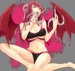  1girl ashemu bat_wings beatmania beatmania_iidx bikini licking long_hair pink_eyes pink_hair shionty sitting solo swimsuit weapon wings 