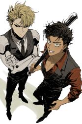  2boys android baseball_bat black_hair black_necktie black_pants black_sclera black_shoes black_vest blonde_hair bul_jelly closed_mouth collared_shirt colored_sclera crossed_arms dress_shoes formal_clothes frown genos grin highres holding holding_baseball_bat kinzoku_bat lapels looking_at_viewer male_focus multiple_boys necktie one-punch_man open_collar pants red_shirt shirt shoes smile standing vest white_background white_shirt wing_collar yellow_eyes 