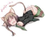  1girl animal_ears braid cat_ears cat_tail lynette_bishop necktie panties simple_background single_braid solo strike_witches striped striped_legwear tail thighhighs torn_thighhighs translated underwear white_background white_panties yumesato_makura 