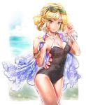  1girl alternate_costume blonde_hair blush bracelet breasts cleavage green_eyes jewelry looking_at_viewer matsuda_(matsukichi) mizuhashi_parsee pointy_ears short_hair smile solo sunglasses sunglasses_on_head swimsuit touhou 