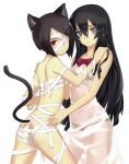  2girls animal_ears ar_tonelico ar_tonelico_iii ass bandage_over_one_eye bandages bangs bare_shoulders black_bra black_hair black_panties bra cat_ears cat_tail dress filament green_eyes hair_between_eyes hair_ornament hairclip hand_on_another&#039;s_shoulder highres jpeg_artifacts long_hair multiple_girls nagi_ryou naked_bandage panties parted_bangs red_eyes scan see-through see-through_silhouette short_hair simple_background small_breasts soma tail underwear wet wet_clothes wet_dress white_background white_dress 