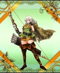  1girl absurdres adjusting_hair arrow arute_(alte_mate) belt boots bow_(weapon) braid brown_eyes cloak dragon&#039;s_crown elf elf_(dragon&#039;s_crown) full_body gloves highres hood hood_down long_hair looking_at_viewer pointy_ears quiver shorts solo standing thigh_boots thighhighs twin_braids weapon 