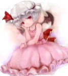  1girl arm_support bat_wings dress hat hat_ribbon highres looking_at_viewer maccha_cocoa mob_cap pink_dress pink_eyes remilia_scarlet ribbon sash silver_hair sitting sleeveless sleeveless_dress solo touhou traditional_media wings wrist_cuffs 