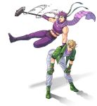  2boys astkcrts blonde_hair boots caesar_anthonio_zeppeli facial_mark feathers fingerless_gloves gloves green_eyes green_jacket hair_feathers hammer headband jacket jojo_no_kimyou_na_bouken joseph_joestar_(young) jumping midriff multiple_boys purple_hair scarf striped striped_scarf violet_eyes 