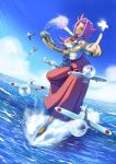  1girl airplane breasts clouds highres jun&#039;you_(kantai_collection) kantai_collection kawagoe_pochi long_hair long_sleeves open_mouth personification purple_hair skirt sky smile smoke solo translation_request uniform violet_eyes water 