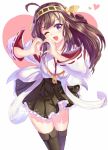  1girl ahoge arudehido black_legwear brown_hair hair_ornament heart heart_hands kantai_collection kongou_(kantai_collection) long_hair long_sleeves looking_at_viewer open_mouth personification shirt skirt smile solo thighhighs violet_eyes wide_sleeves wink zettai_ryouiki 