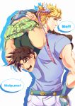  2boys blonde_hair brown_hair caesar_anthonio_zeppeli facial_mark feathers fingerless_gloves fireman&#039;s_carry gloves green_eyes hair_feathers headband jojo_no_kimyou_na_bouken joseph_joestar_(young) midriff multiple_boys scarf tied_up xxxenoki 