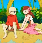  1boy 1girl bald barefoot beach character_request codename:_kids_next_door earrings eye_contact flower hair_flower hair_ornament hand_grab jewelry kneeling looking_at_another navel nigel_uno palm_tree ponytail shorts smile sunglasses t_k_g tagme translation_request tree water 