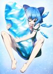  1girl ;d bare_legs barefoot blue_dress blue_eyes blue_hair bow cirno cozy dress fairy hair_bow ice ice_wings object_hug open_mouth smile solo toe_scrunch touhou wings wink 