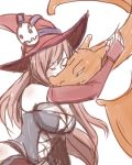  1girl breasts charizard cleavage closed_eyes corset crossover elbow_gloves fingerless_gloves gloves hat hug large_breasts long_hair lowres luminous_arc pink_hair pokemon simonadventure vanessa_(luminous_arc) witch witch_hat 