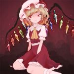  1girl ascot between_legs bobby_socks crystal flandre_scarlet hat lowres puffy_short_sleeves puffy_sleeves red_background red_skirt short_hair short_sleeves side_glance sitting skirt skirt_set socks solo ta_(tama2623) touhou white_legwear wings 