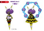  1girl arms_behind_back bob_cut dark_skin electricity mighty_no._3 mighty_no._9 official_art purple_hair red_eyes robot sharp_teeth short_hair solo 
