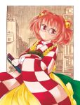  1girl apron bell book bookshelf checkered glasses hair_bell hair_ornament japanese_clothes motoori_kosuzu red_eyes redhead semi-rimless_glasses touhou twintails two_side_up under-rim_glasses uri_uri wide_sleeves 