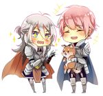  +_+ afterimage armor blue_eyes blush cape character_request chibi closed_eyes dog lowres open_mouth pigeon-toed pink_hair rhymebox simple_background smile sparkle standing tail tail_wagging wavy_mouth white_background white_hair 
