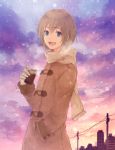  1boy :d armin_arlert blonde_hair blue_eyes breath building can canned_coffee coat coffee contemporary gloves hand_in_pocket harumoti open_mouth power_lines scarf shingeki_no_kyojin short_hair smile snowing solo telephone_pole 