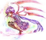  1girl ast asymmetrical_wings black_legwear dress eyelashes frilled_dress frills high_heels houjuu_nue purple_hair red_eyes red_shoes shoes sitting_on_heels solo thighhighs tongue tongue_out touhou wings wrist_cuffs 