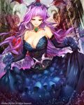 1girl bare_shoulders breasts cleavage dress elbow_gloves flower gloves jewelry large_breasts long_hair necklace original petals purple_hair smile solo suoni_(deeperocean) 