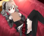  1girl black_legwear blush drill_hair idolmaster idolmaster_cinderella_girls kanzaki_ranko long_hair looking_at_viewer lying minami_machi on_back red_eyes skirt solo thighhighs twintails 