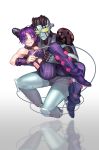  2girls bare_shoulders black_hair blue_eyes carrying double_bun jojo_no_kimyou_na_bouken kuujou_jolyne midriff mingou91 multicolored_hair multiple_girls princess_carry purple_hair stand_(jojo) stone_free string sunglasses two-tone_hair 