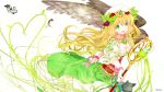  1girl :3 bird blonde_hair breasts cat cleavage food freyja_(p&amp;d) fruit grapes green_eyes hat hawk heco_(mama) highres long_hair looking_at_viewer open_mouth puzzle_&amp;_dragons ribbon skirt smile solo staff wrist_ribbon 