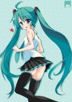  1girl ahoge aqua_eyes aqua_hair blush character_name checkered checkered_background hatsune_miku heart long_hair looking_back mw_ama necktie open_mouth skirt solo thighhighs twintails very_long_hair vocaloid 