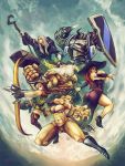  3boys 3girls amazon_(dragon&#039;s_crown) boots breasts cleavage dragon&#039;s_crown dwarf_(dragon&#039;s_crown) elf_(dragon&#039;s_crown) fighter_(dragon&#039;s_crown) gloves hammer highres large_breasts midair moon multiple_boys multiple_girls muscle shield socha_(pixiv99744) sorceress_(dragon&#039;s_crown) staff sword thick_thighs thighs weapon wizard_(dragon&#039;s_crown) 