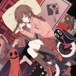  1girl braid brown_eyes brown_hair character_request disembodied_limb drooling highres kneehighs lying madotsuki mary_janes nail_polish on_side onibi_r pillow shoes skirt space surreal sweater tokuto-kun toriningen twin_braids waking_up yume_nikki 