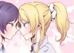  2girls ayase_eli blonde_hair blue_eyes blush couple eye_contact face face-to-face green_eyes highres ikarin long_hair looking_at_another love_live!_school_idol_project multiple_girls ponytail profile purple_hair smile toujou_nozomi yuri 
