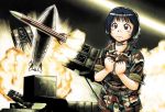  1girl belt black_hair brown_eyes camouflage clenched_hands firing headset mc_axis military military_uniform military_vehicle missile sao_satoru short_hair sleeves_rolled_up solo sweatdrop uniform vehicle 