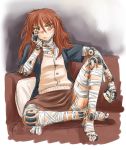  1girl bandages blush brown_hair character_request chin_rest copyright_request cyborg flat_chest frown long_hair robot_joints rough sao_satoru sitting skirt solo vest yellow_eyes 