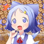  /\/\/\ 1girl blue_dress blue_eyes blue_hair blush bow bust cirno cookie cookie_clicker crumbs dress eating fang food food_on_face forehead hair_bow hair_ornament hairclip hairpin highres ice ice_wings looking_at_viewer makuran open_mouth ribbon short_hair smile solo surprised touhou wings 