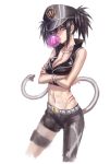  1girl absurdres beros black_hair blood_lad bracelet breasts bubblegum cleavage crossed_arms hat highres jewelry looking_at_viewer midriff navel necklace peaked_cap rough simple_background slit_pupils snake_tail solo tail twintails violet_eyes white_background zhouran 