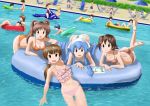  bikini blue_hair brown_hair hat highres ikamusume inflatable_raft long_hair mochizuki_tomomi multiple_girls nishimura_yuka one-piece_swimsuit sakura_kiyomi shinryaku!_ikamusume short_hair swimsuit tentacle_hair twintails willysmc 