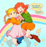  1boy 1girl blonde_hair blush closed_eyes codename:_kids_next_door crossdressinging english fanny_fulbright flower freckles green_eyes hands_clasped holding_hands hoodie looking_at_viewer musical_note open_mouth rainbow redhead skirt smile sweatdrop t_k_g wallabee_beetles wavy_hair wavy_mouth 