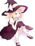  1girl blonde_hair bloomers bow hands_on_knees hat hat_bow interlocked_fingers kirisame_marisa knees_together_feet_apart looking_at_viewer puffy_sleeves shirt short_sleeves sitting skirt skirt_set solo tongue tongue_out touhou underwear upskirt vest witch_hat yatomi yellow_eyes 
