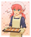  1boy cookie food green_eyes inazuma_eleven_(series) inazuma_eleven_go kirino_ranmaru male mizuhara_aki open_mouth oven_mitts pink_hair solo tray twintails 