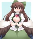  1girl blush bow breasts brown_eyes brown_hair cape cleavage commentary_request hair_bow hammer_(sunset_beach) large_breasts long_hair looking_at_viewer reiuji_utsuho short_sleeves solo touhou wings 